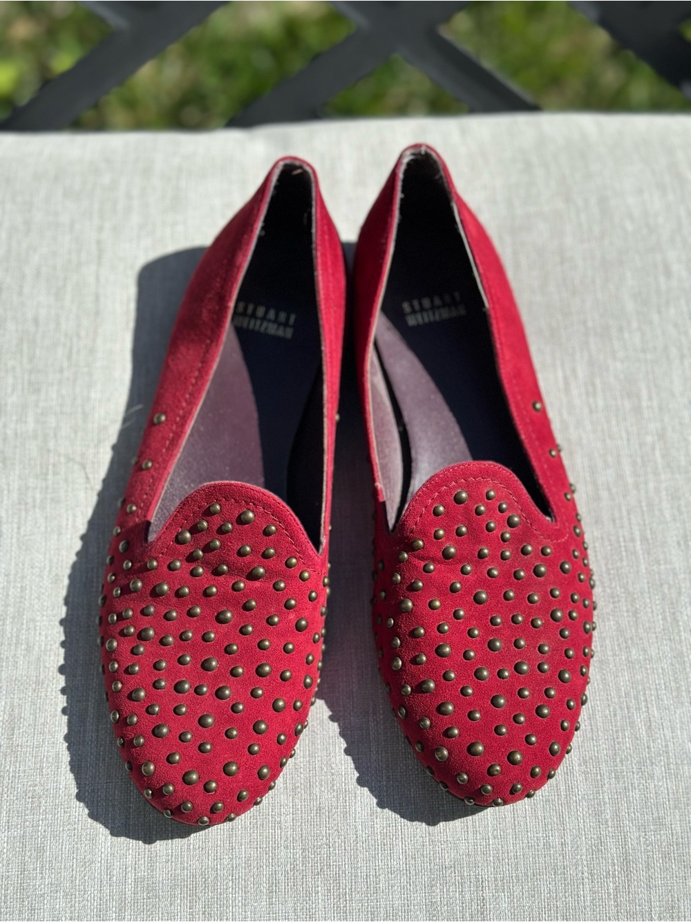 Stuart Weitzman Red Studded Suede Flats